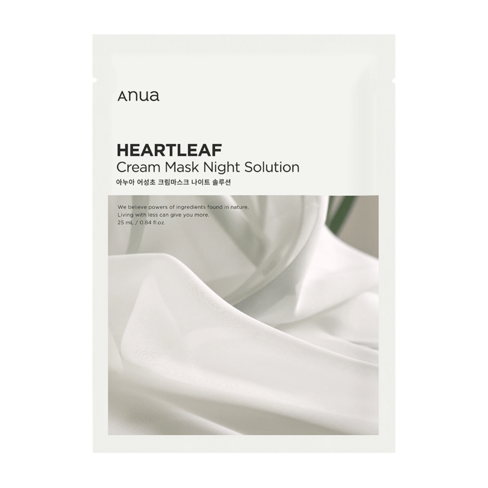 En bild på Anuas "Heartleaf Cream Mask Night Solution", en hudvårdsprodukt med naturliga ingredienser. Stilren design, 25 ml.
