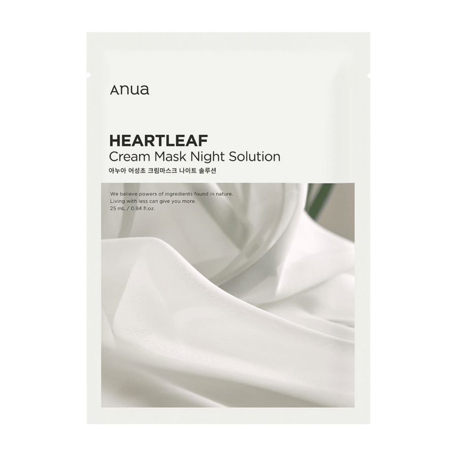En bild på Anuas "Heartleaf Cream Mask Night Solution", en hudvårdsprodukt med naturliga ingredienser. Stilren design, 25 ml.