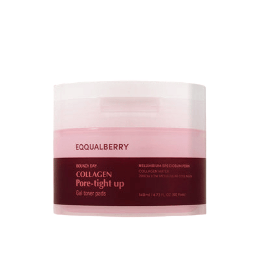 En burk med Bouncy Day Collagen Pore-Tight Up Gel Toner Pads. Burken är rosa och röd, och innehåller 140 ml produkt som hjälper till att strama upp huden och minska porstorlek.