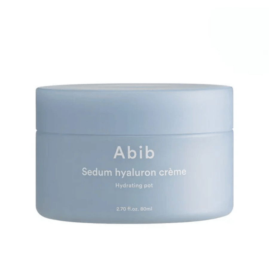 Abib Sedum Hyaluron Crème Hydrating Pot 80 ml i en stilren, ljusblå rund burk med vit text.