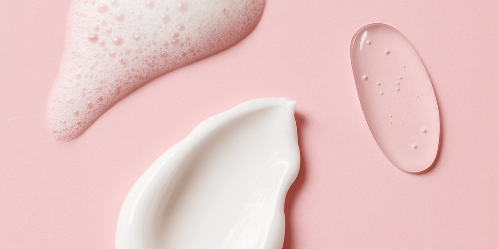 Närbild av tre hudvårdsprodukter på en rosa bakgrund