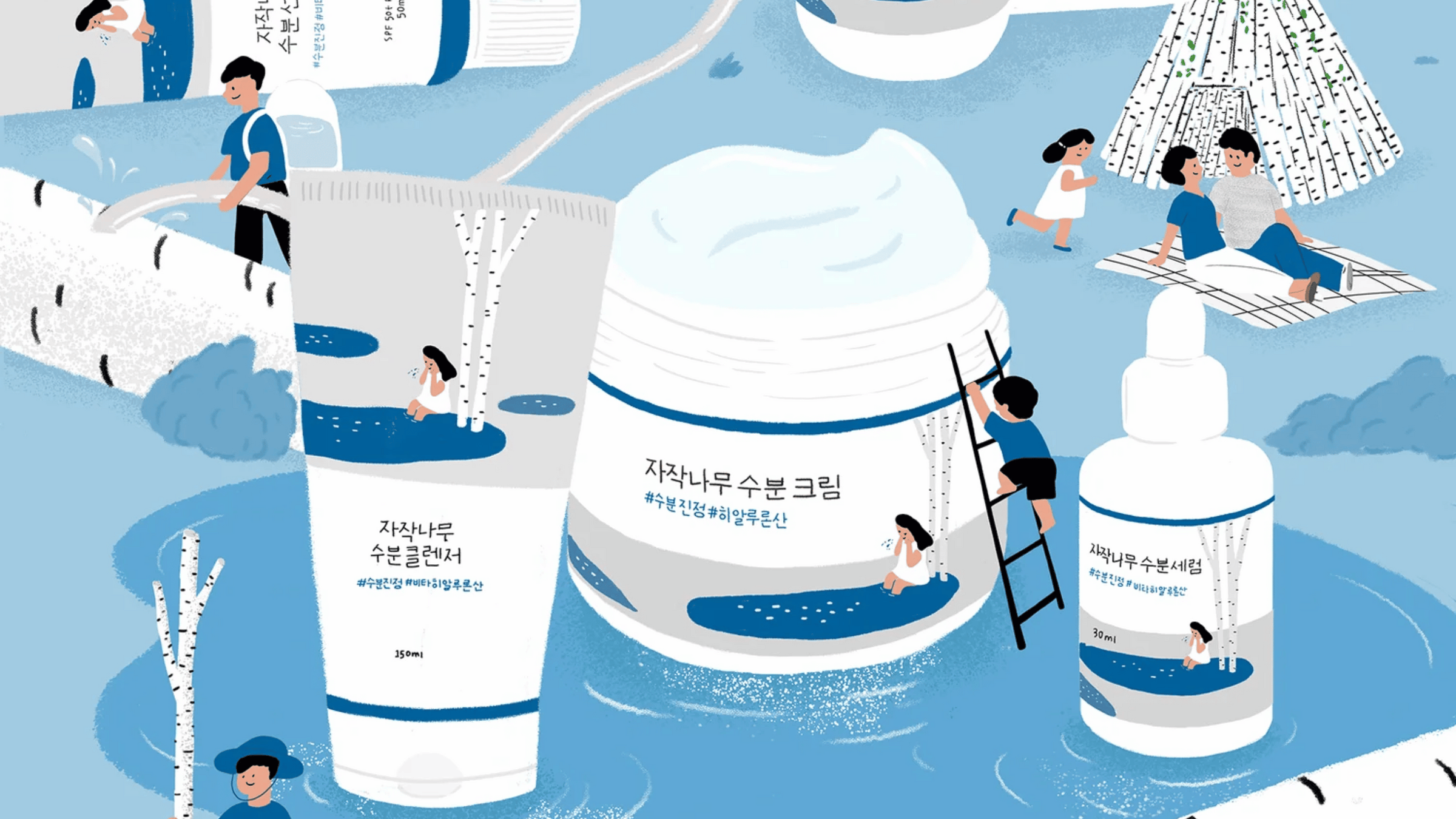 Koreanska hudvårdsprodukter från Round Lab omgivna av människor.
