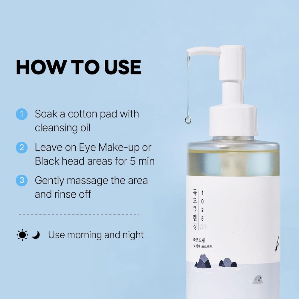 Round Lab 1025 Dokdo Cleansing Oil som effektivt löser upp smink, solskydd och orenheter med en lätt och återfuktande oljetextur