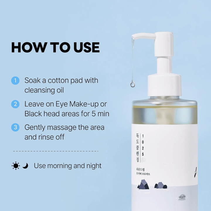 Round Lab 1025 Dokdo Cleansing Oil som effektivt löser upp smink, solskydd och orenheter med en lätt och återfuktande oljetextur