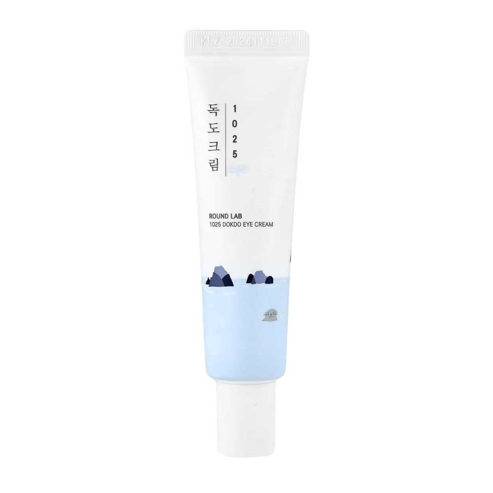 Round Lab 1025 Dokdo Eye Cream produktbild med minimalistisk design, återfuktande formula för känslig hud och förbättrad hudelasticitet