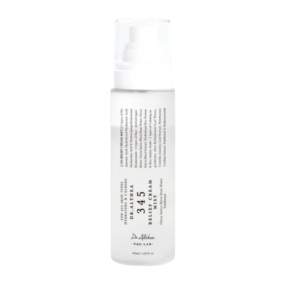 Dr. Althea 345 Relief Cream Mist på vit bakgrund, en lätt ansiktsmist med tvåfasformula som återfuktar, lugnar och stärker huden under hela dagen.