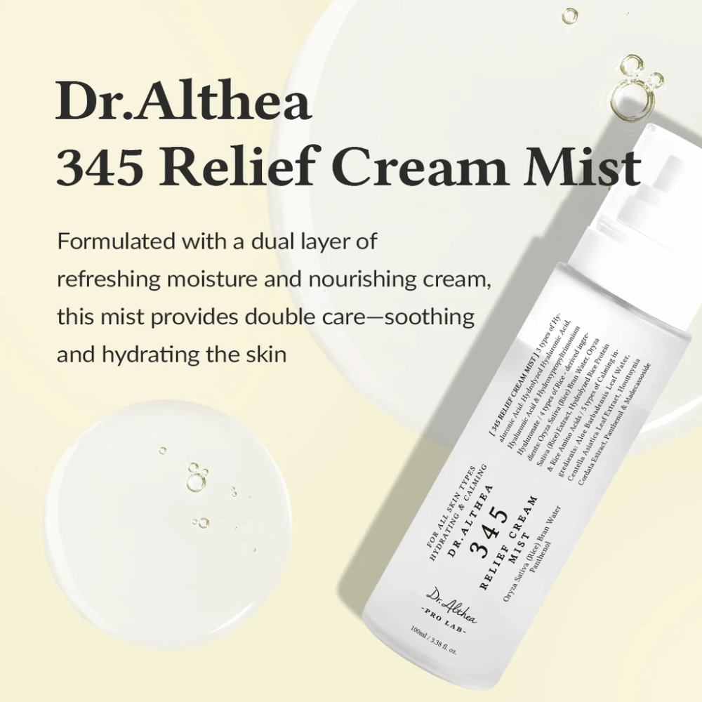 Produktbild av Dr. Althea 345 Relief Cream Mist med beskrivning av den lugnande och återfuktande formulan som ger dubbel hudvård i ett enda spraysteg.