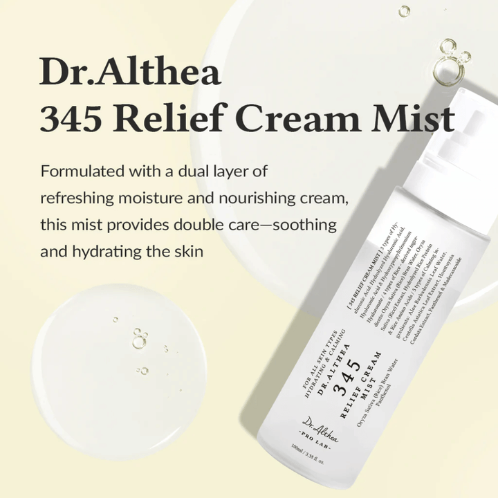 Produktbild av Dr. Althea 345 Relief Cream Mist med beskrivning av den lugnande och återfuktande formulan som ger dubbel hudvård i ett enda spraysteg.