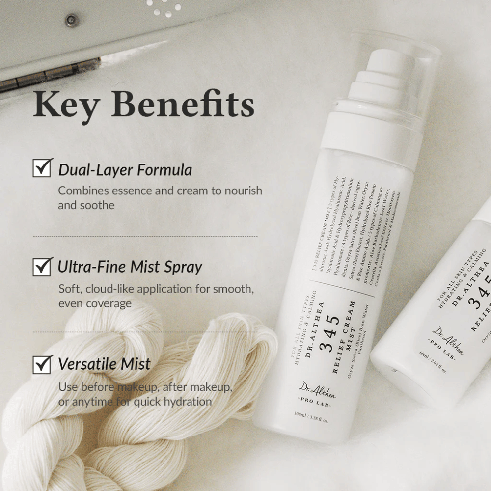 Dr. Althea 345 Relief Cream Mist med fokus på fördelar som dubbel-lager-formula, ultrafin mist och mångsidig användning för snabb och jämn återfuktning.