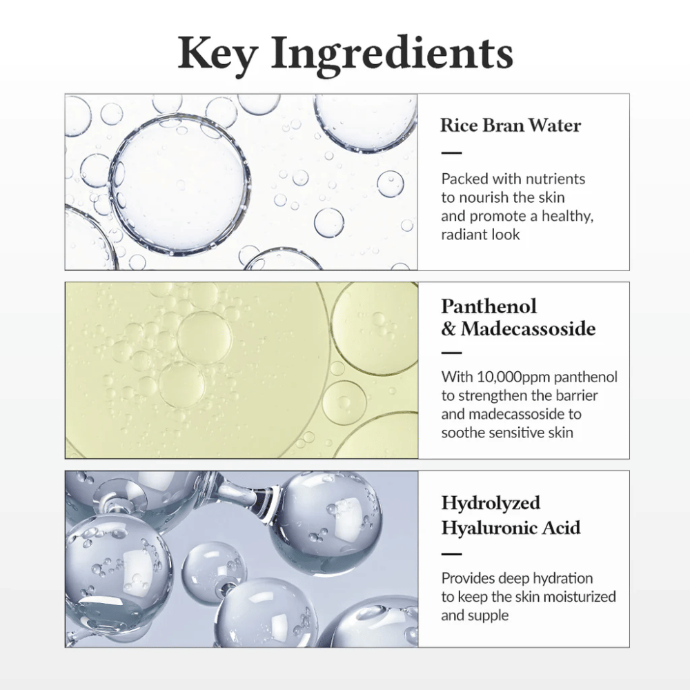 Nyckelingredienser i Dr. Althea 345 Relief Cream Mist, med risvatten, panthenol, madecassoside och hydrolyserad hyaluronsyra som stärker hudbarriären och ger djup återfuktning.