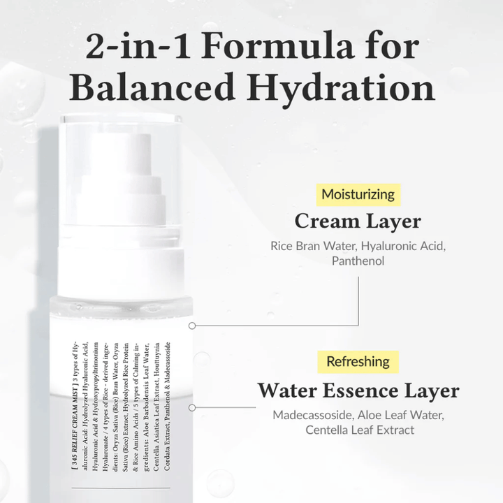 Illustration av Dr. Althea 345 Relief Cream Mist med två lager, en återfuktande cream layer och en uppfriskande water essence layer för balanserad och långvarig återfuktning.