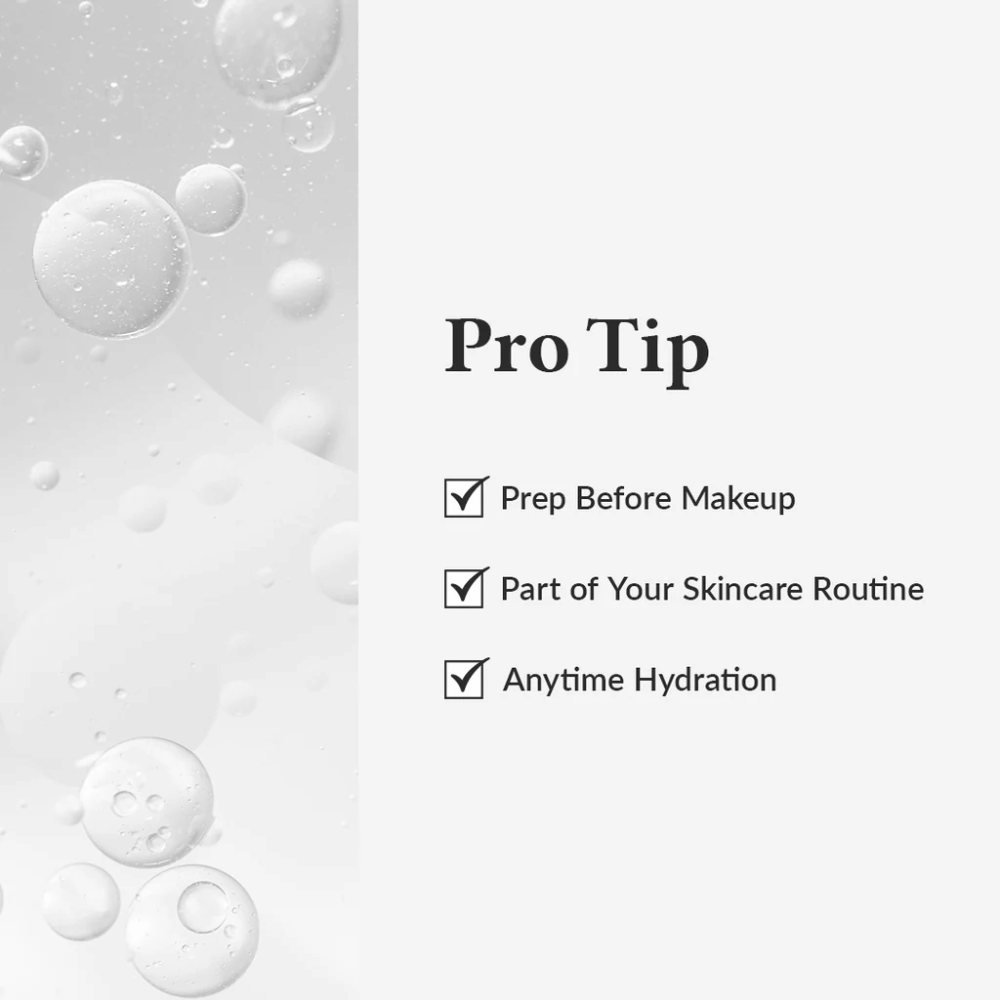 Pro Tip-grafik som visar hur Dr. Althea 345 Relief Cream Mist används för återfuktning före makeup, som del av hudvårdsrutinen eller när som helst under dagen.