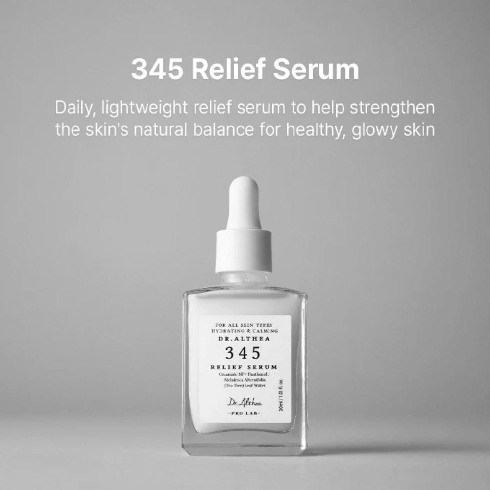 Dr. Althea 345 Relief Serum 30 ml – lätt återfuktande serum för känslig hud med ceramider, pantenol och tea tree-vatten.