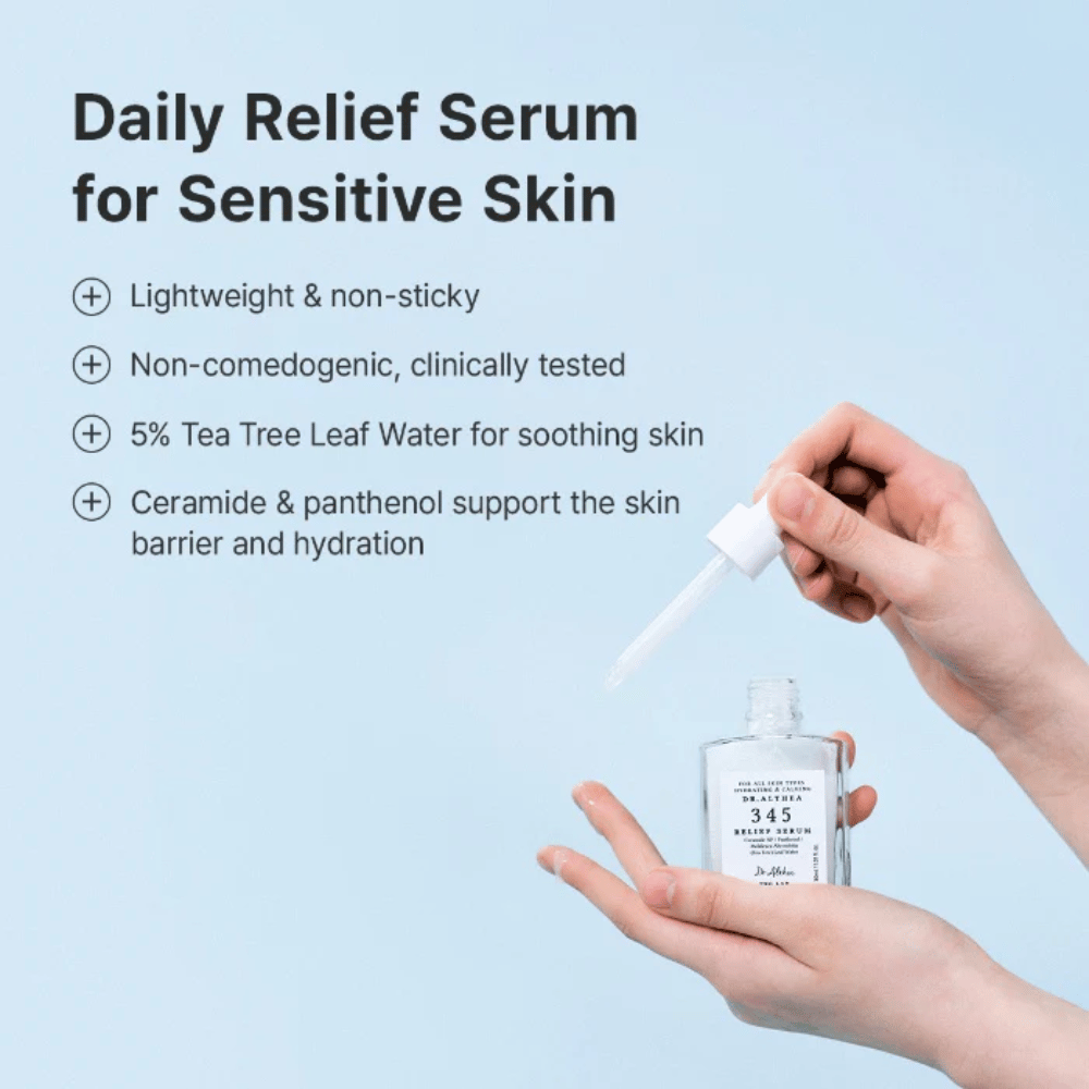 Dr. Althea 345 Relief Serum med ceramider, pantenol och tea tree-vatten för känslig hud och långvarig återfuktning.
