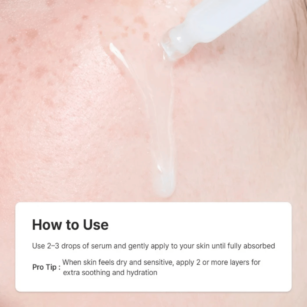 Dr. Althea 345 Relief Serum appliceras med pipett på huden för återfuktning, lugnande vård och stärkt hudbarriär.