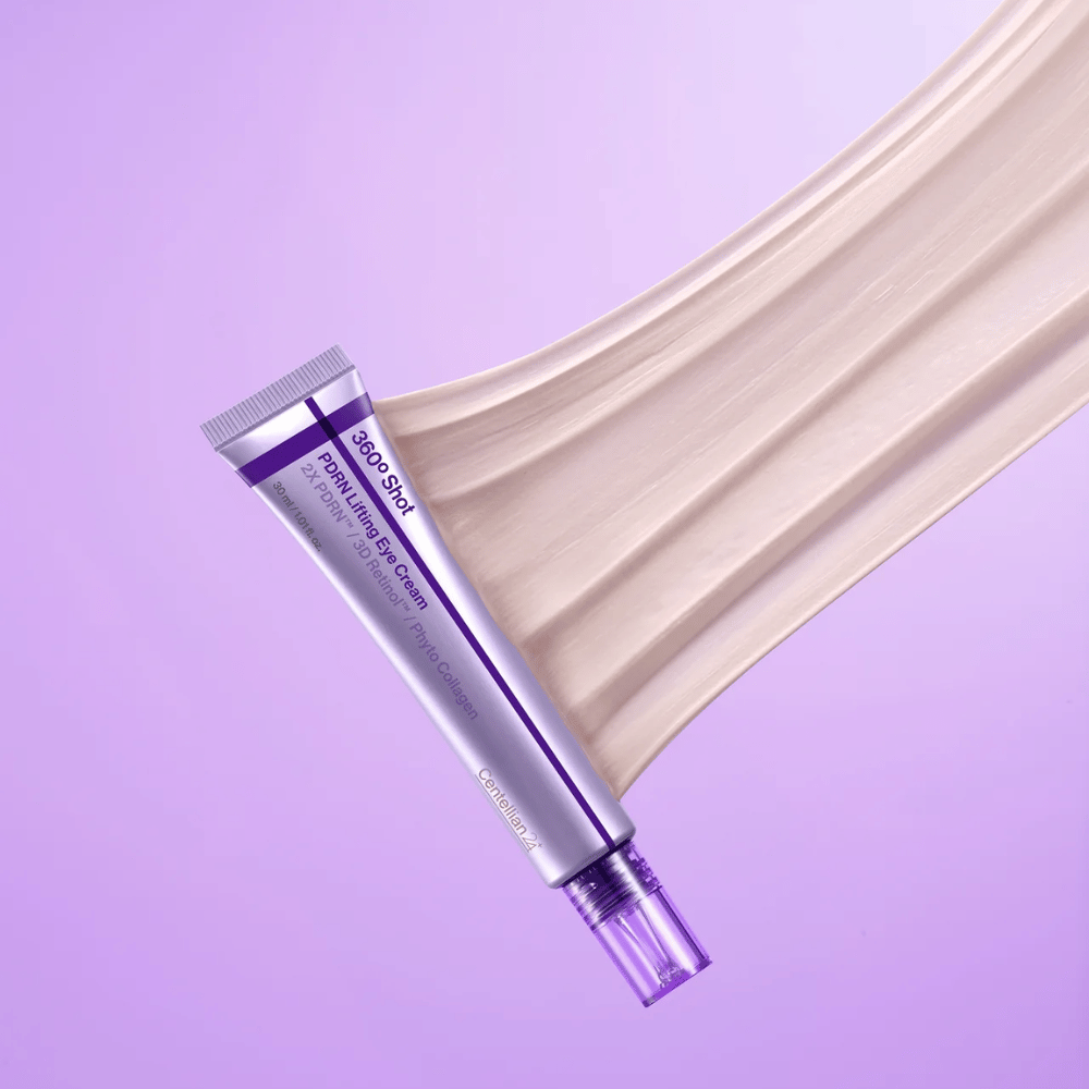 Centellian24 360º Shot PDRN Lifting Eye Cream textur – närbild på krämig ögonkräm med PDRN och kollagen som hjälper till att återfukta och ge huden runt ögonen ett slätare utseende.