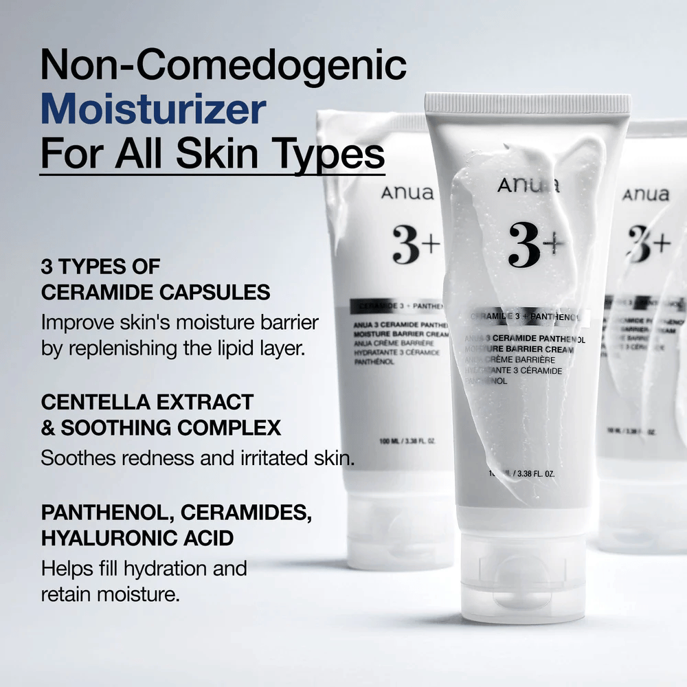 Anua 3 Ceramide Panthenol Cream – återfuktande, lugnande och icke-komedogen kräm för alla hudtyper.