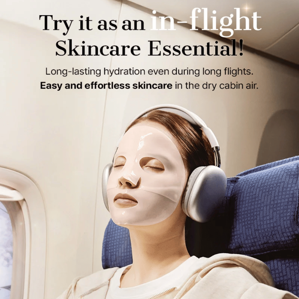 COSRX 5 PDRN Hyaluronic Acid Vital Hydrating Hydrogel Mask använd som återfuktande sheet mask under flygresa för långvarig återfuktning och lugnande effekt