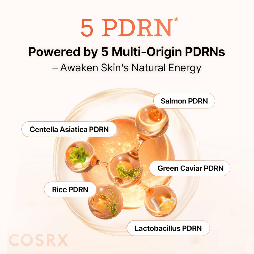 COSRX 5 PDRN serum med multi-origin PDRN från lax, centella asiatica, ris och probiotika som stärker huden och förbättrar elasticitet