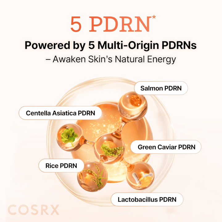 COSRX 5 PDRN serum med multi-origin PDRN från lax, centella asiatica, ris och probiotika som stärker huden och förbättrar elasticitet