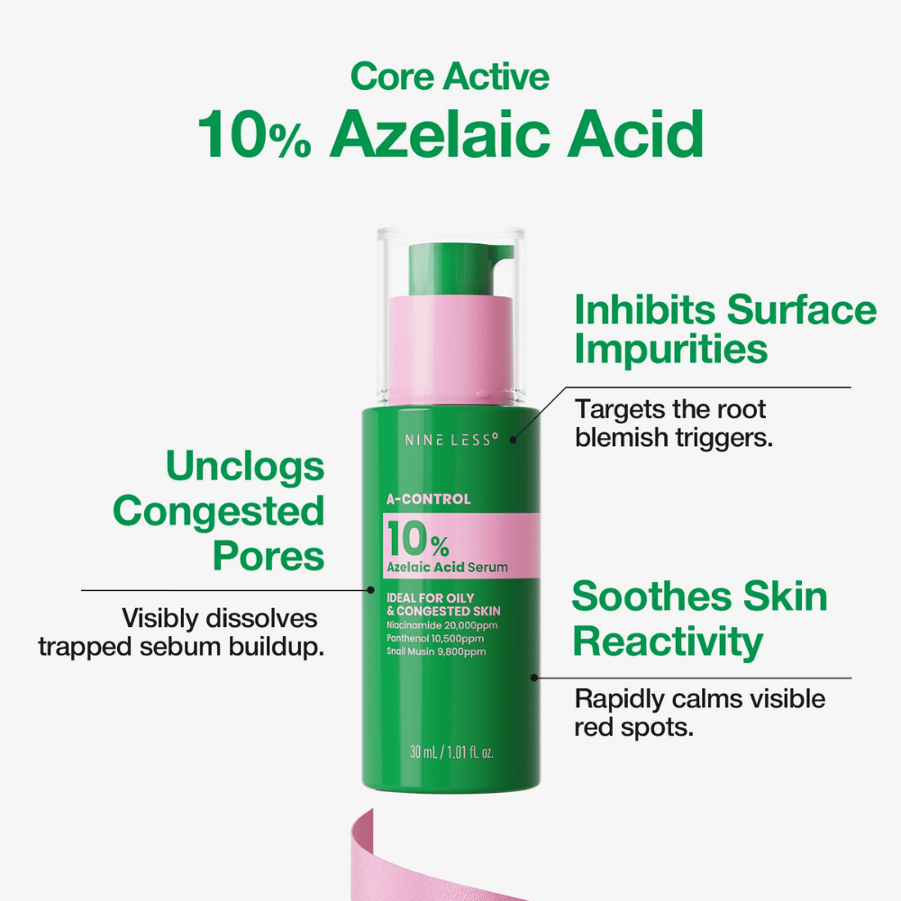 NINELESS A-Control serum med 10% azelainsyra hjälper till att motverka tilltäppta porer, orenheter och synlig rodnad.