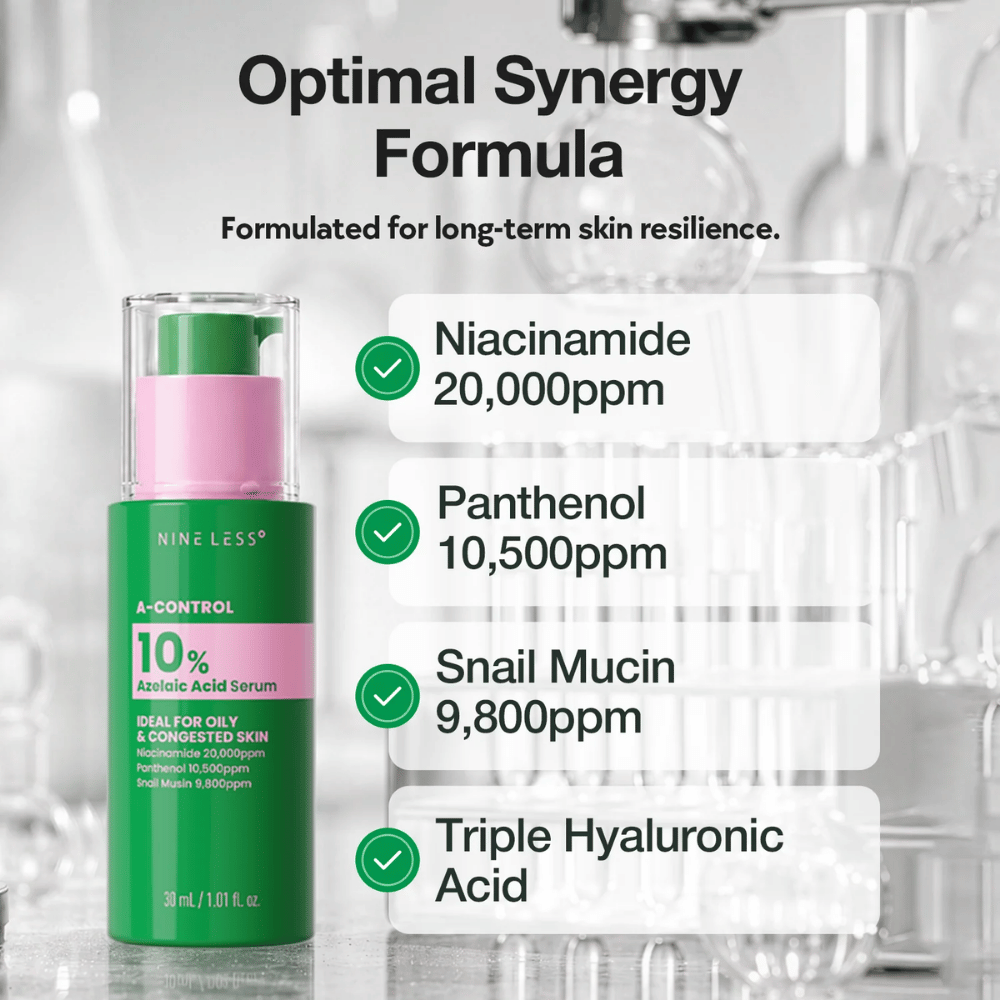 NINELESS A-Control 10% Azelaic Acid Serum med niacinamid, panthenol, snigelslem och hyaluronsyra för en balanserad och återfuktad hud.