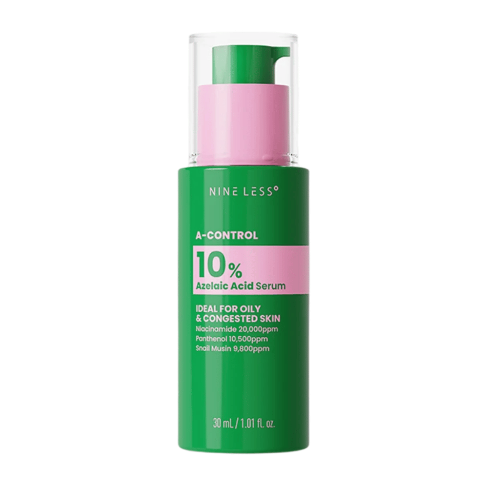 NINELESS A-Control 10% Azelaic Acid Serum 30 ml i grön pumpflaska för fet och tilltäppt hud.