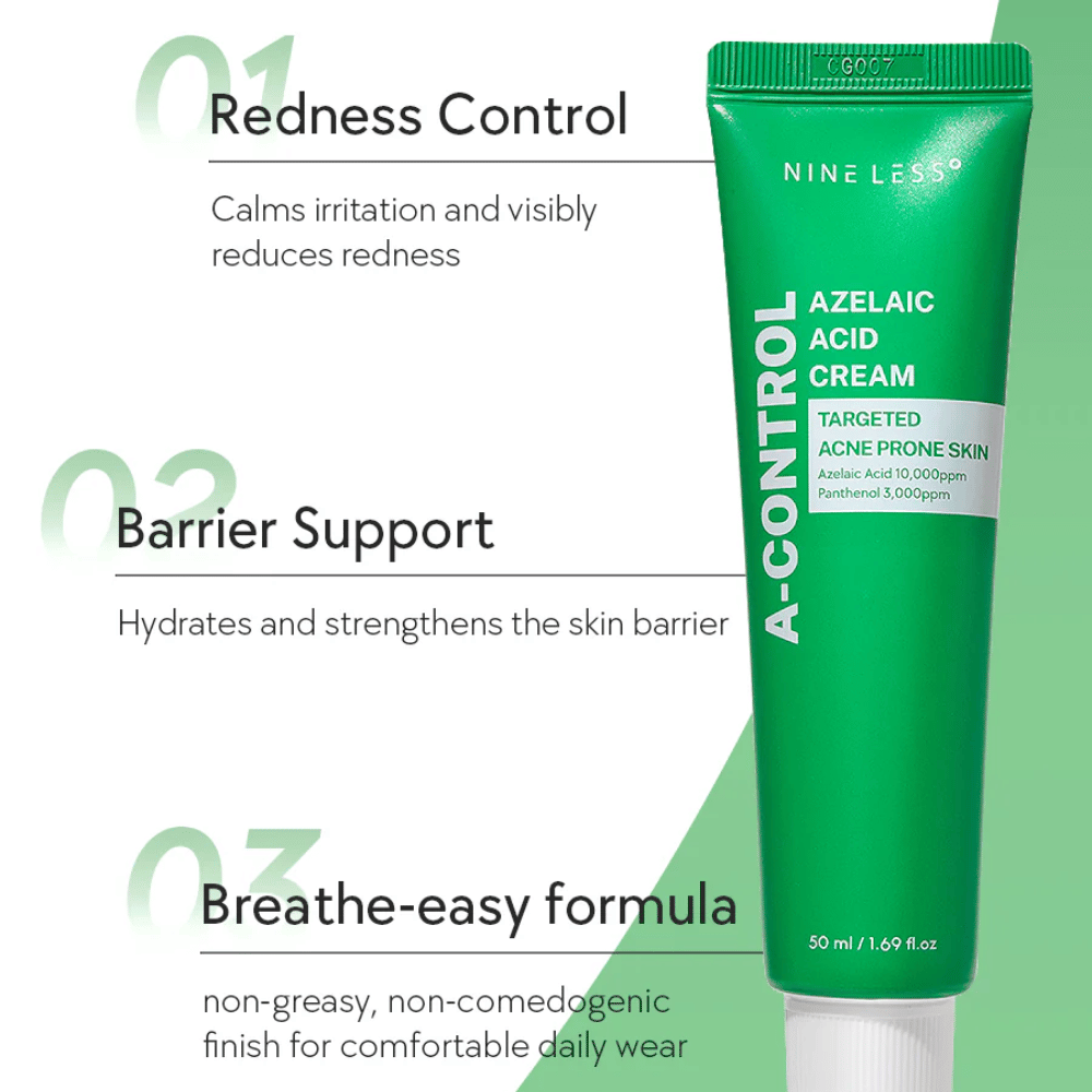 NINELESS A-Control Azelaic Acid Cream – koreansk ansiktskräm med azelainsyra som hjälper till att minska rodnad, stärka hudbarriären och ge en lätt, icke-fet finish.