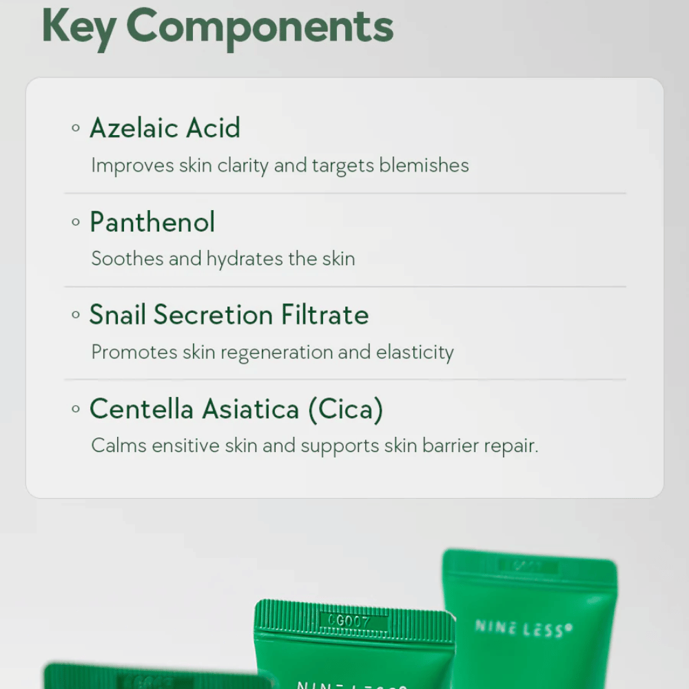 NINELESS A-Control Azelaic Acid Cream ingredienser – ansiktskräm med azelainsyra, panthenol, snigelslem och Centella Asiatica som hjälper till att lugna huden och förbättra hudens klarhet.