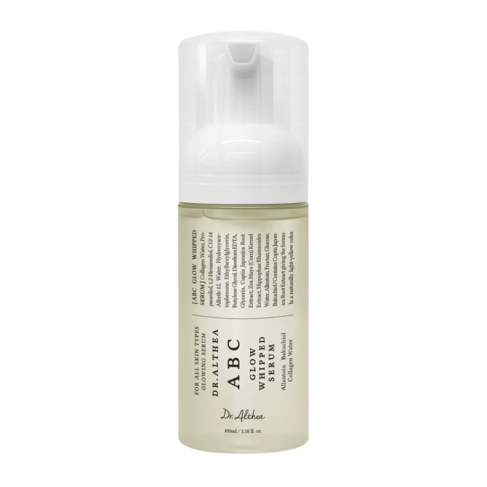 Bild – frilagd produkt (Google Images viktig)
Dr. Althea ABC Glow Whipped Serum i pumpflaska med lätt mousse-textur som återfuktar, jämnar ut hudton och ger glow.