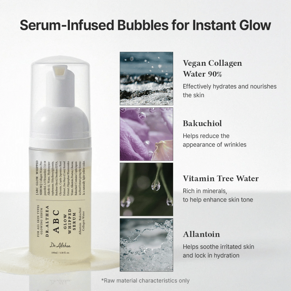 Bild – ingredienser (EEAT + ranking)
Dr. Althea ABC Glow Whipped Serum med veganskt kollagen, bakuchiol, vitamin tree water och allantoin som återfuktar, lugnar och förbättrar hudens struktur.