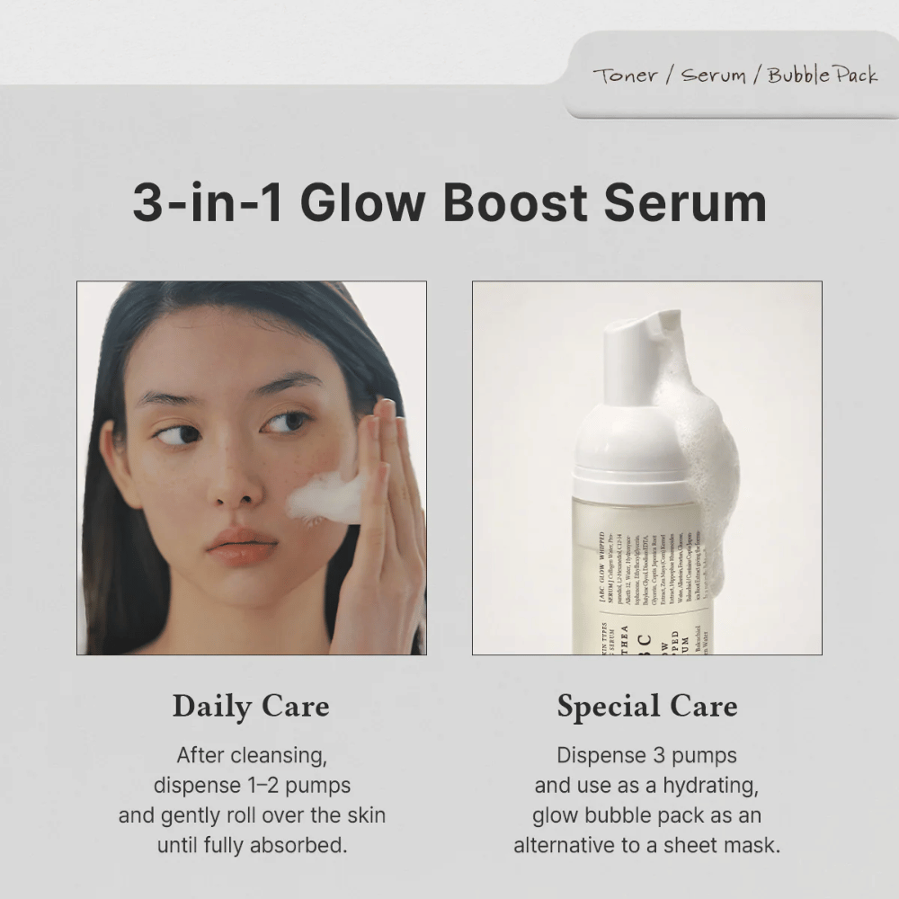 Bild – användning (daily vs special care)
Dr. Althea ABC Glow Whipped Serum används som dagligt serum eller som återfuktande bubble mask för extra glow och intensiv hudvård.