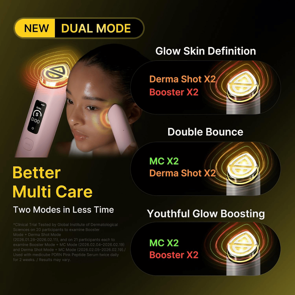 medicube AGE-R Booster Pro X2 Dual Mode med kombinerade hudvårdslägen för lyster, fasthet och förbättrad hudstruktur