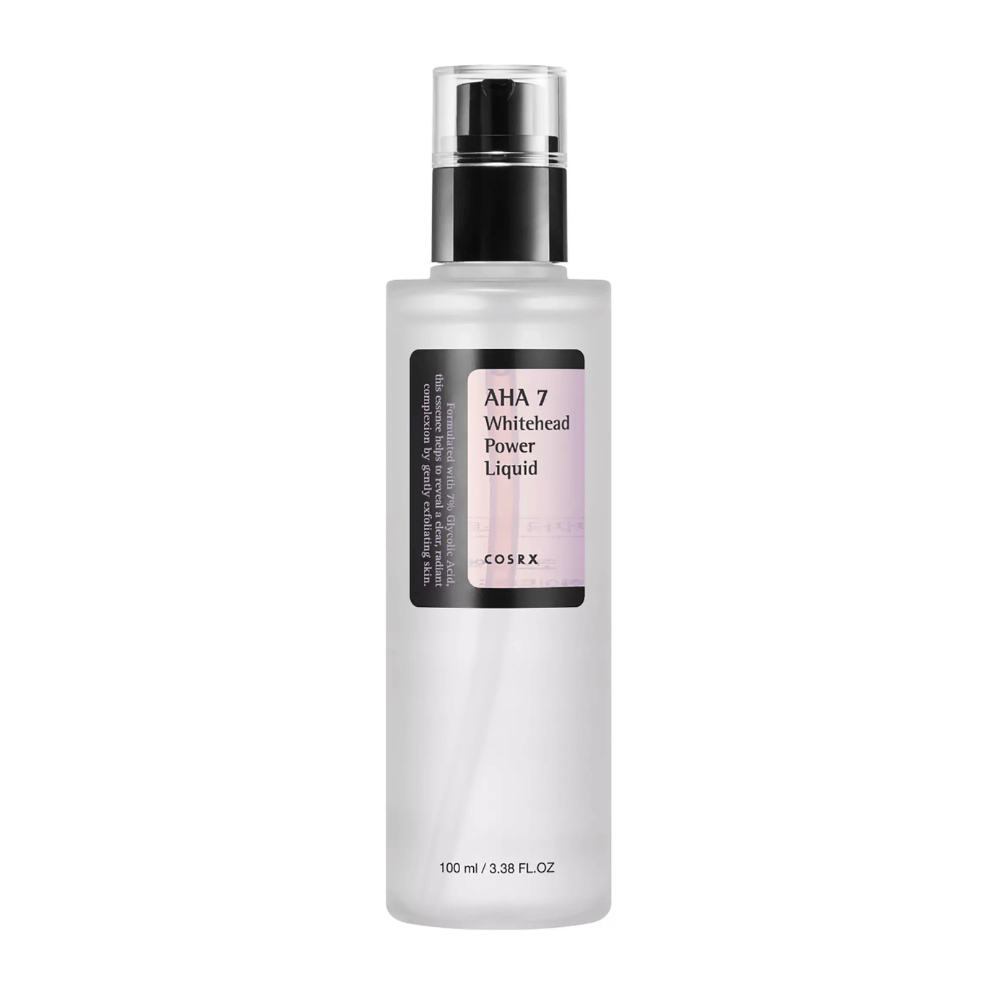 COSRX AHA 7 Whitehead Power Liquid flaska 100 ml, effektiv exfoliering med 7 % glykolsyra mot vita pormaskar och ojämn hudton.