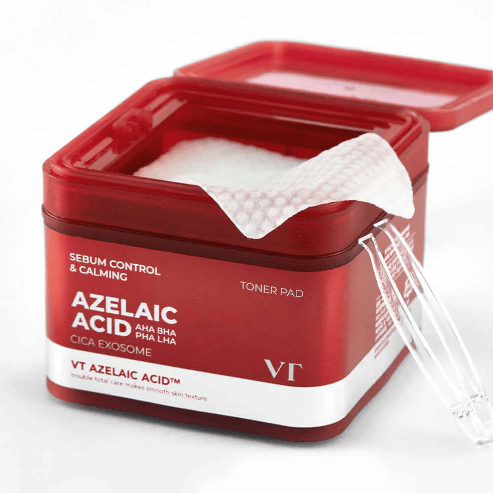 Öppen burk med VT Azelaic Acid Toner Pad och pincett – för enkel och hygienisk användning.