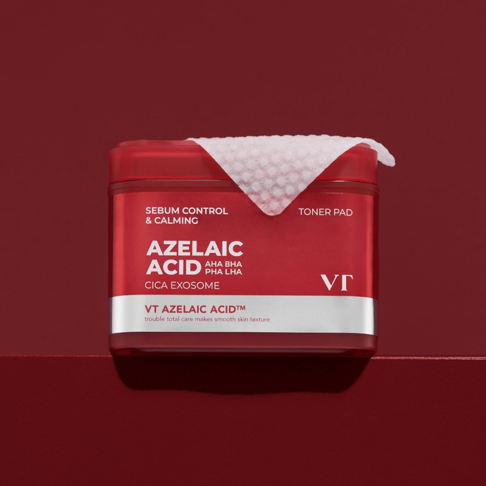 VT Azelaic Acid Toner Pad – röd burk med texturpad, perfekt för att jämna ut hudton och minska orenheter.