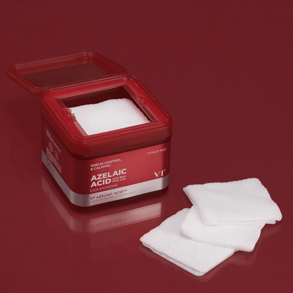 VT Azelaic Acid Toner Pad – exfolierande och lugnande pads med AHA, BHA, PHA och LHA för balanserad, klar hud.
