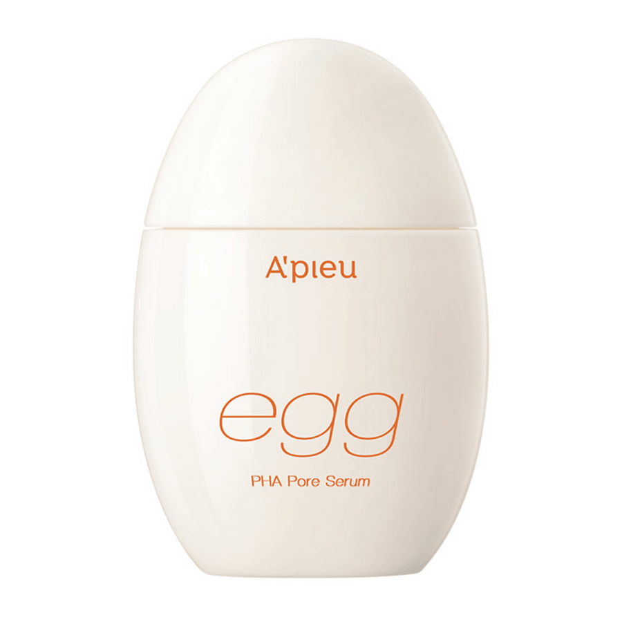 A’pieu Egg PHA Pore Serum i äggformad, beige förpackning med orange text – ett koreanskt serum som exfolierar milt och minimerar porer.