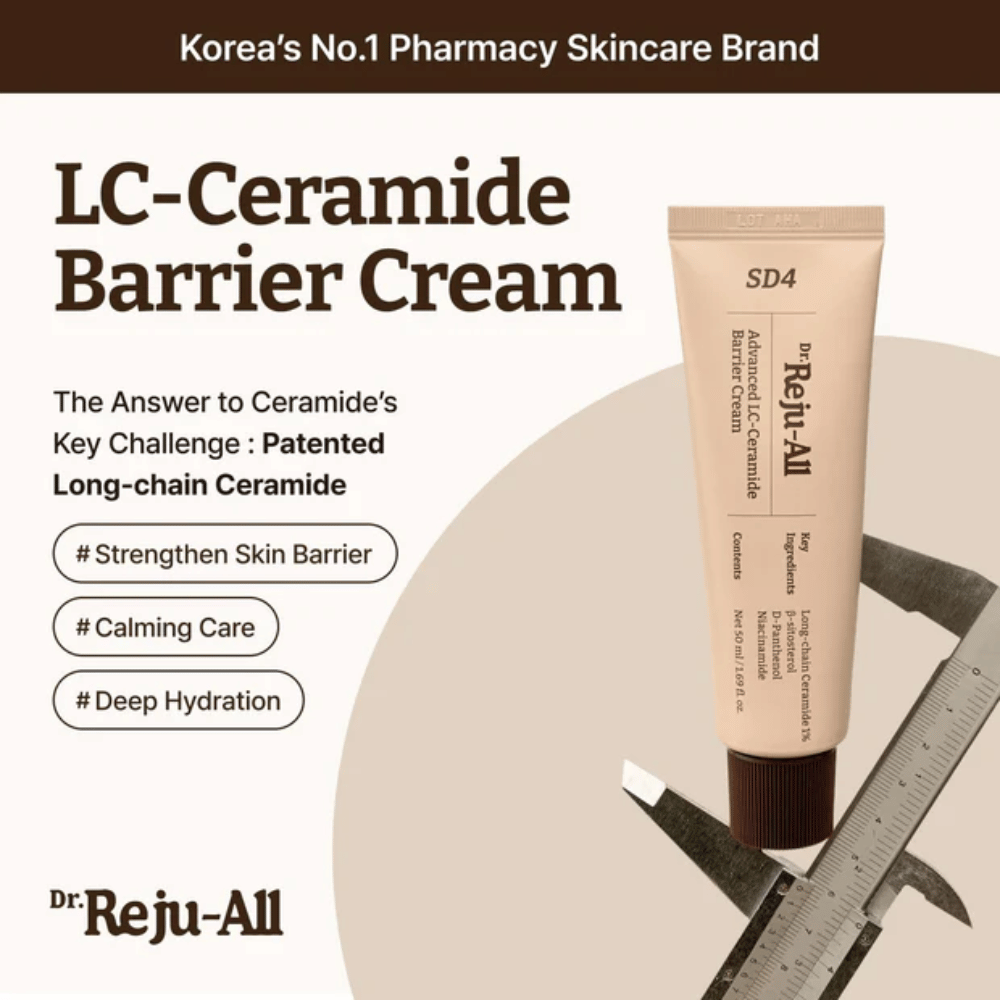 Dr. Reju-All Advanced LC-Ceramide Barrier Cream från Korea – barriärkräm med patenterade långkedjiga ceramider för djup återfuktning, lugnande vård och skydd mot yttre irritation.
