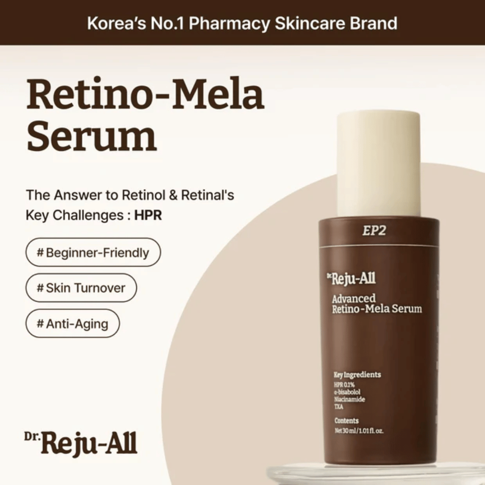 Dr. Reju-All Advanced Retino-Mela Serum EP2 – HPR-baserat retinolalternativ som är skonsammare än retinol och retinal, utvecklat för jämnare hudton, hudförnyelse och anti-age.