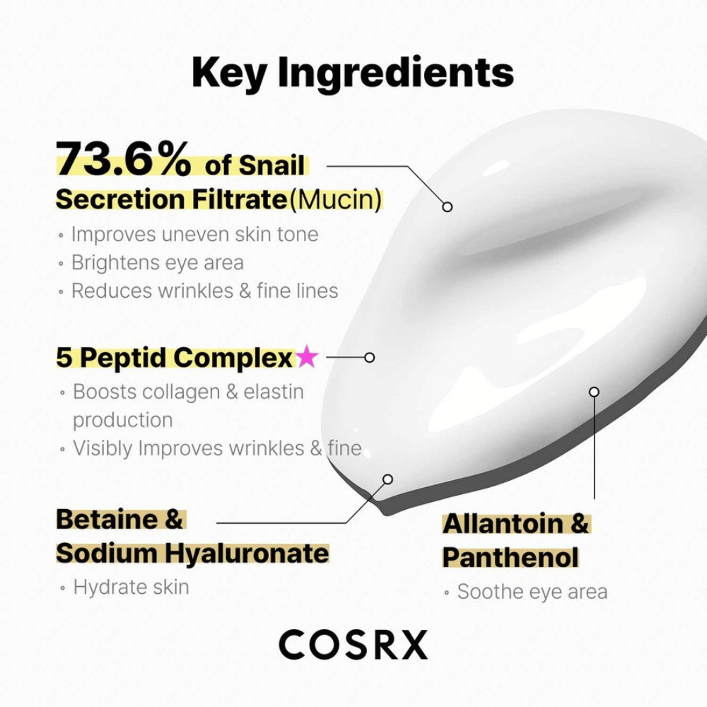 COSRX Advanced Snail Peptide Eye Cream med 73,6% snail mucin, 5 peptider, niacinamid och hyaluronsyra – återfuktande och anti-age ögonkräm
