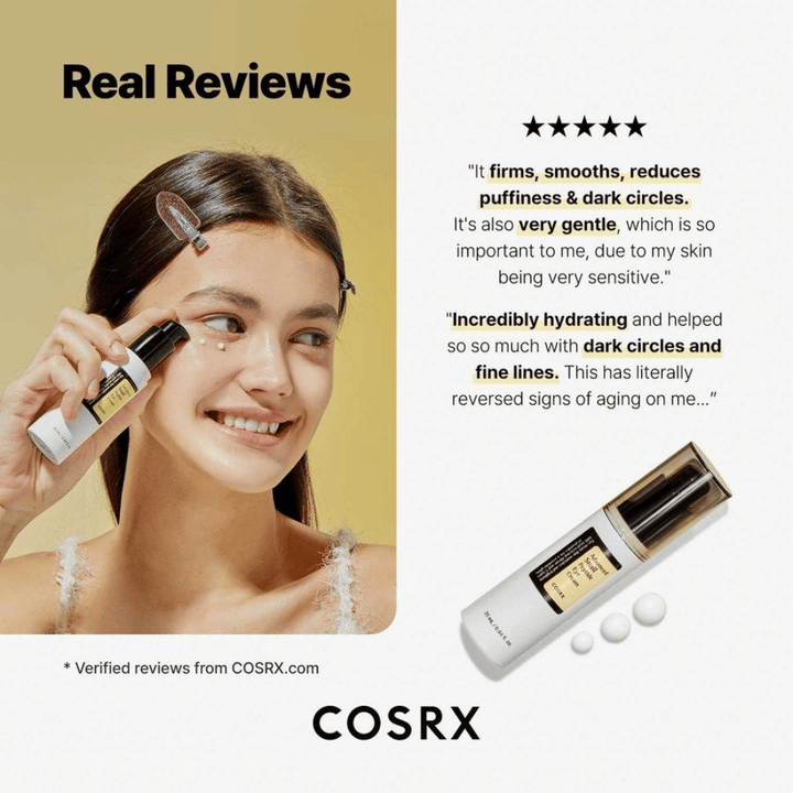 COSRX Advanced Snail Peptide Eye Cream appliceras under ögonen – ögonkräm med 73,7% snigelslem och peptider mot mörka ringar, svullnad och fina linjer