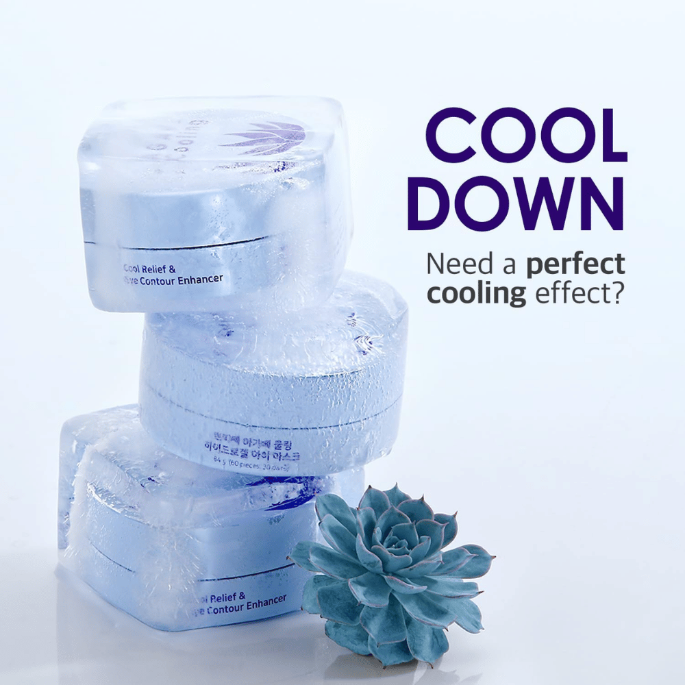 Kampanjbild av PETITFEE Agave Cooling Hydrogel Eye Mask med isande och svalkande tema. Bilden framhäver produktens kylande effekt och fräscha känsla för trötta ögon.
