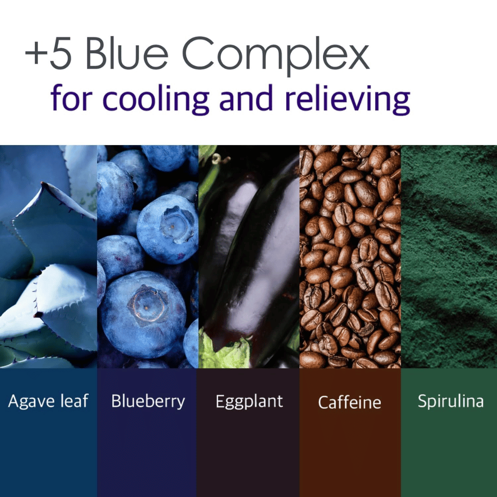 Informationsbild om “5 Blue Complex” med ingredienser som agaveblad, blåbär, aubergine, koffein och spirulina. Fokus ligger på svalkande och lugnande egenskaper för huden.