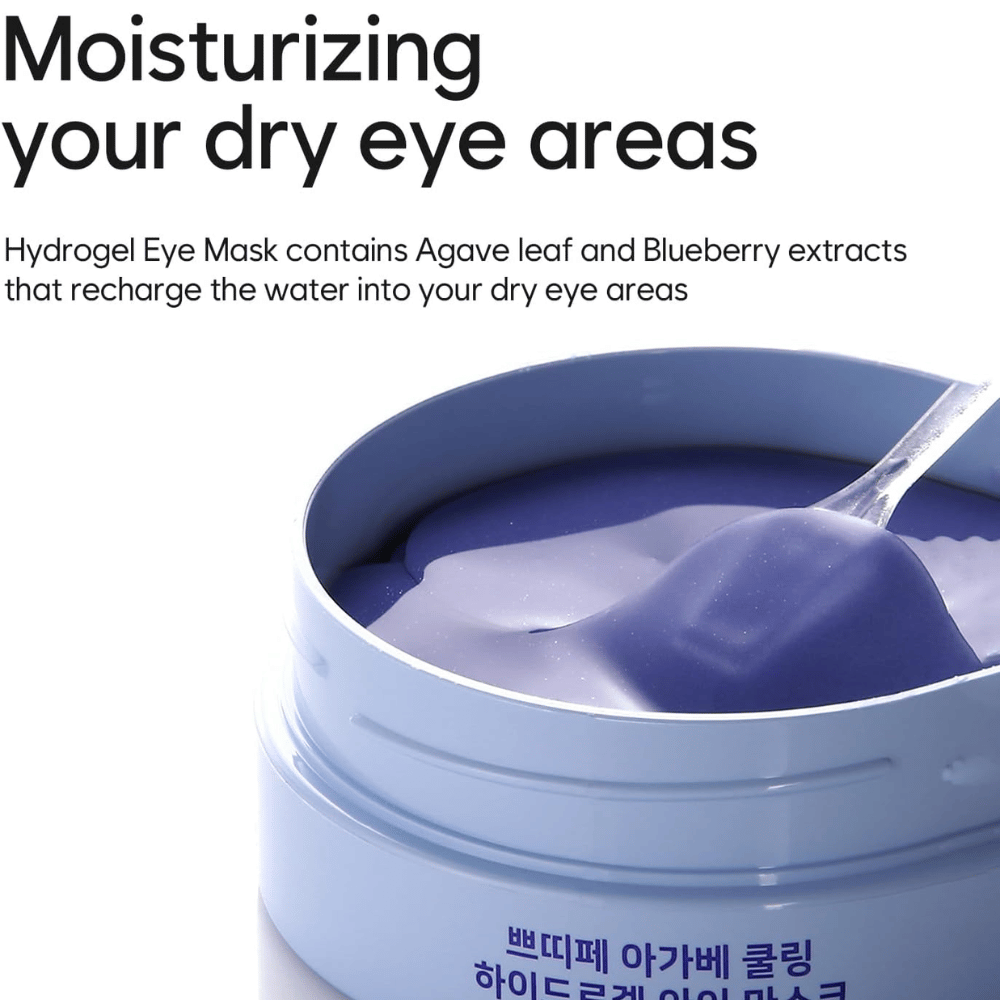 Produktbild av Agave Cooling Hydrogel Eye Mask med fokus på återfuktning av torra områden runt ögonen. Bilden visar hydrogel-formulan och den medföljande spateln.