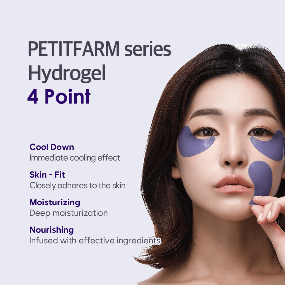 Kampanjbild med modell som använder PETITFARM Hydrogel Eye Mask. Bilden lyfter fyra huvudfördelar: svalkande effekt, hudanpassad passform, djup återfuktning och närande ingredienser.