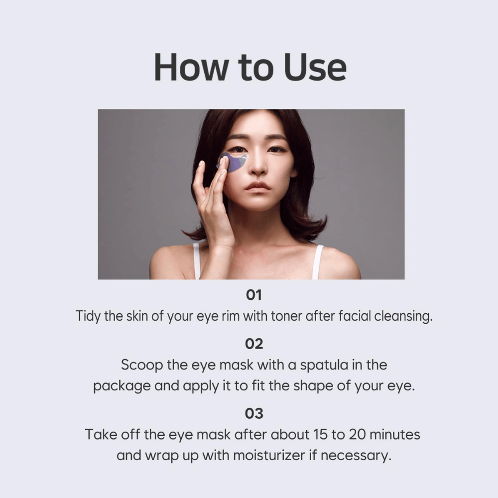 Instruktionsbild som visar hur PETITFARM Hydrogel Eye Mask appliceras efter rengöring och toner. Guiden beskriver steg-för-steg hur eye patches används för återfuktning och svalkande vård runt ögonen.