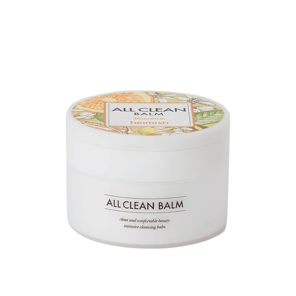 En burk av Heimish All Clean Balm med mandarin-doft, en intensiv rengöringsbalm, med en färgglad etikett och vit förpackning.