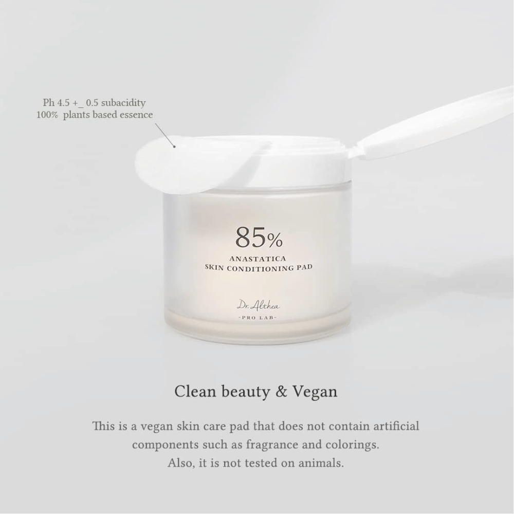 Dr. Althea 85% Anastatica Skin Conditioning Pad är veganska toner pads utan artificiella doft- och färgämnen, utvecklade för känslig hud.