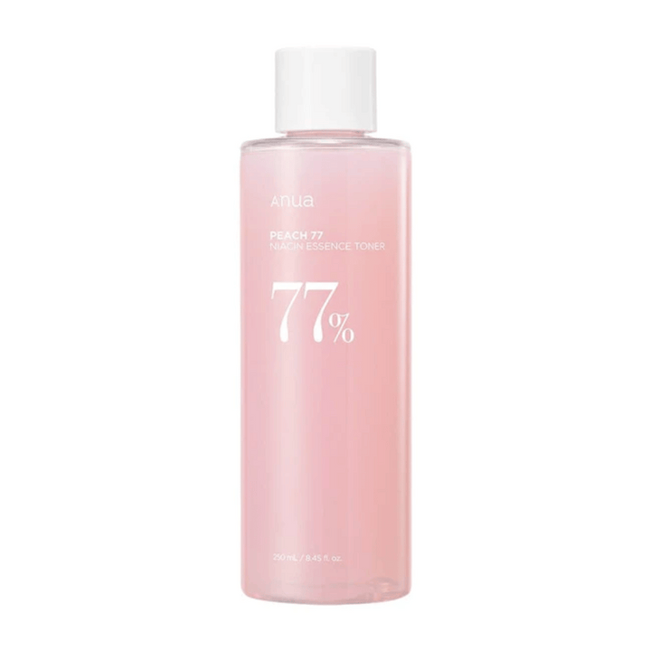 Flaska "Anua Peach 77 Niacin Essence Toner", genomskinlig rosa, vit bakgrund.